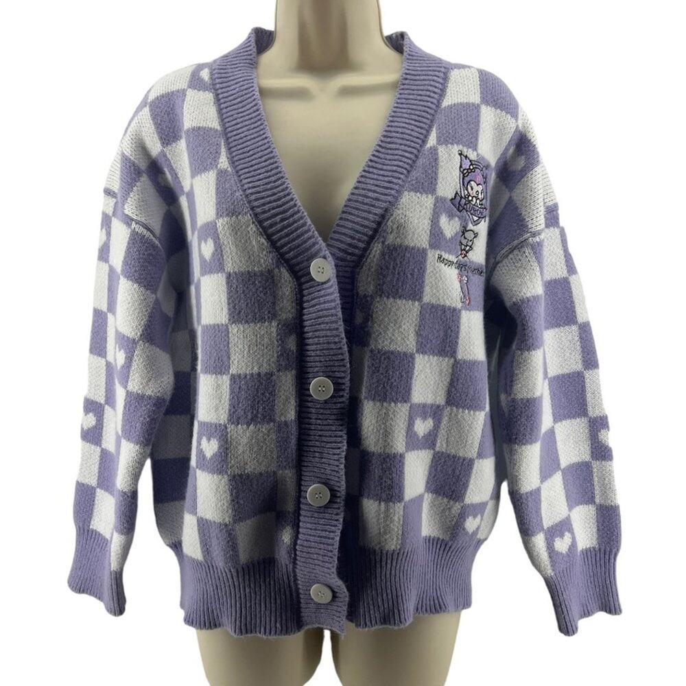 Kuromi Cinnamoroll My Melody Pompompurin Lavender Check Cardigan One Size